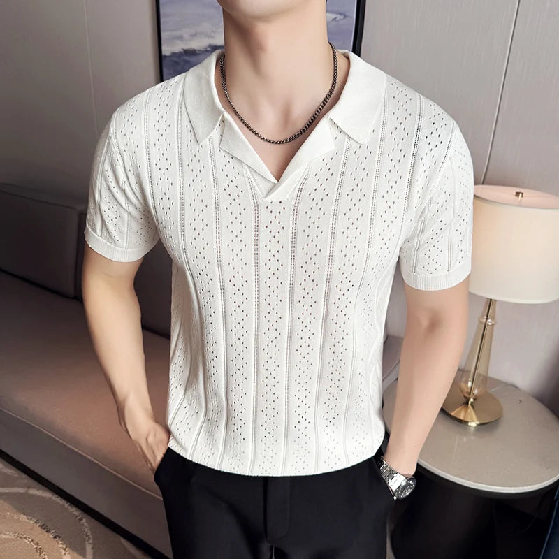 Spring Summer Men's Short Sleeved Knitted Polo Shirts Suit Collar Casual T-shirt Slim Fit Business Business Social POLO Tee Tops