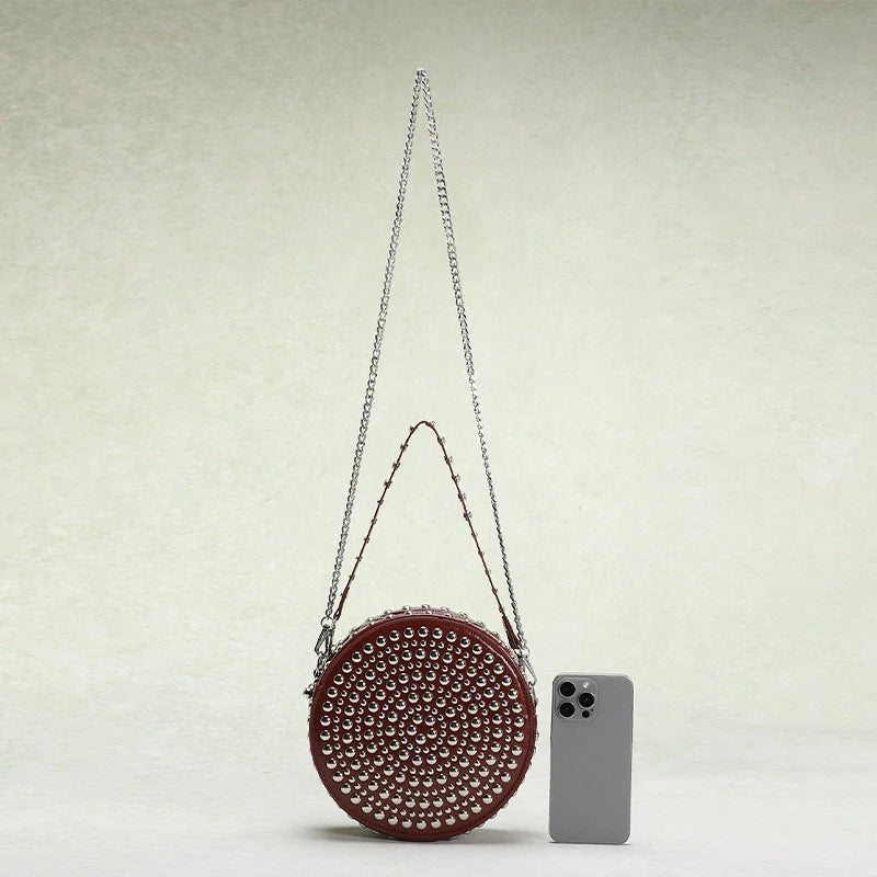 Full Rivet Round Bag Double-sided Tire Niche Brand Chain Unique Wine Red All-match Photo Cool Drum Ladies Crossbody Underarm Bag