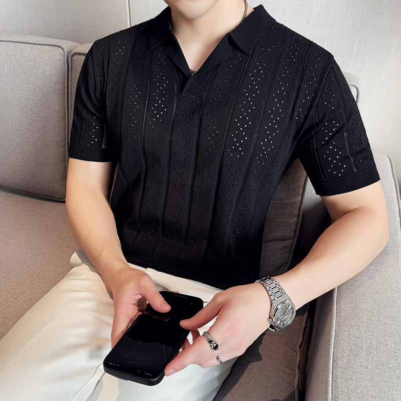 Spring Summer Men's Short Sleeved Knitted Polo Shirts Suit Collar Casual T-shirt Slim Fit Business Business Social POLO Tee Tops