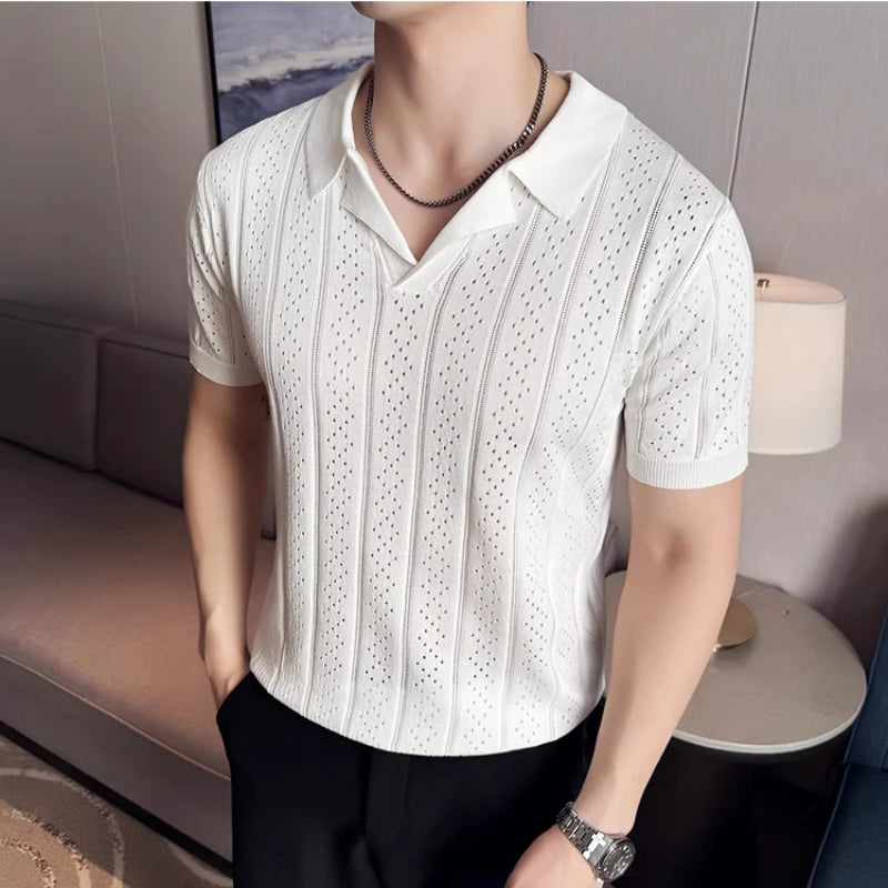 Spring Summer Men's Short Sleeved Knitted Polo Shirts Suit Collar Casual T-shirt Slim Fit Business Business Social POLO Tee Tops