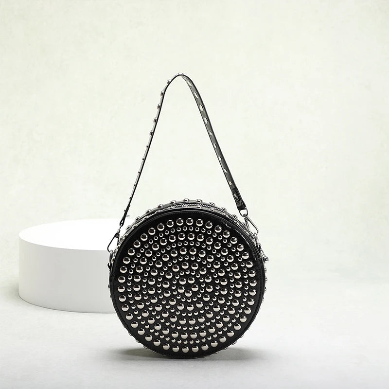 Full Rivet Round Bag Double-sided Tire Niche Brand Chain Unique Wine Red All-match Photo Cool Drum Ladies Crossbody Underarm Bag