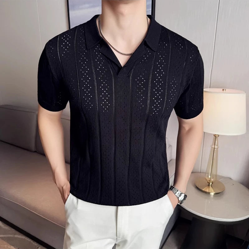 Spring Summer Men's Short Sleeved Knitted Polo Shirts Suit Collar Casual T-shirt Slim Fit Business Business Social POLO Tee Tops