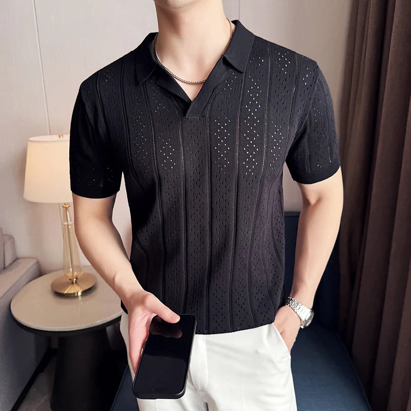 Spring Summer Men's Short Sleeved Knitted Polo Shirts Suit Collar Casual T-shirt Slim Fit Business Business Social POLO Tee Tops