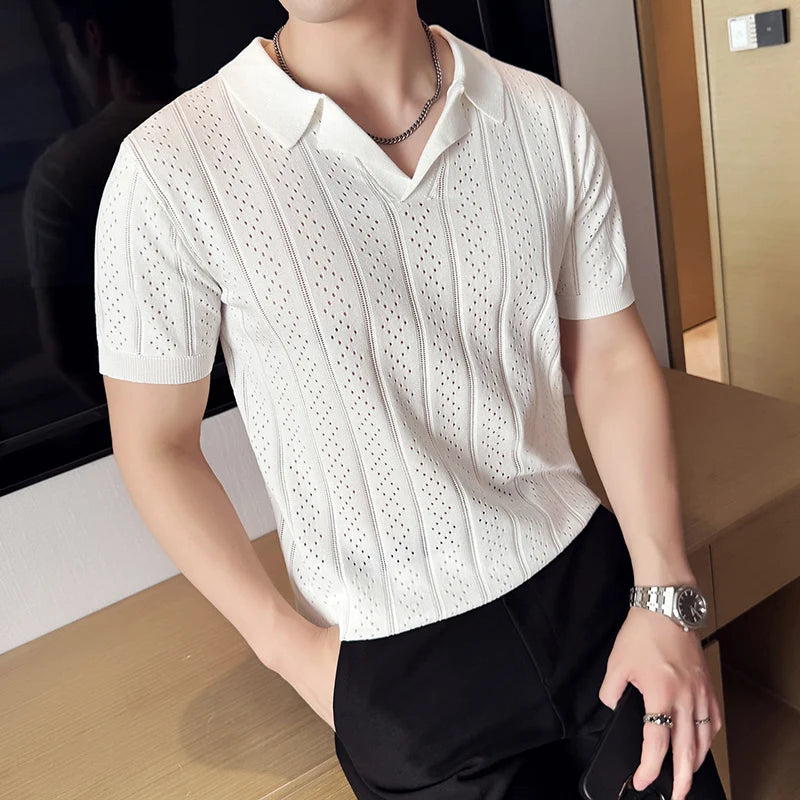 Spring Summer Men's Short Sleeved Knitted Polo Shirts Suit Collar Casual T-shirt Slim Fit Business Business Social POLO Tee Tops