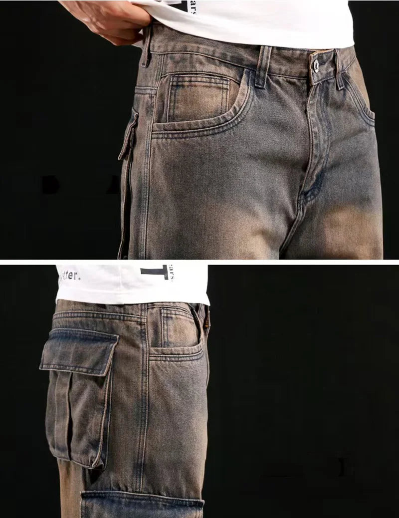 Fashion Trendy Men Multi Pocket Denim Pants American Vintage High Street Jeans Oversized Loose Fat Straight Trouser Cargo Pant