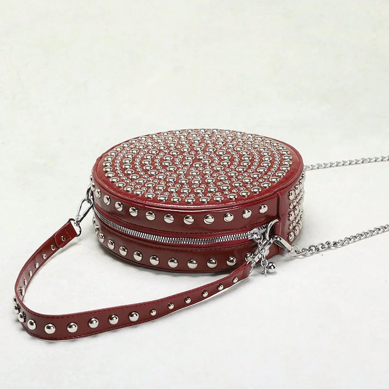 Full Rivet Round Bag Double-sided Tire Niche Brand Chain Unique Wine Red All-match Photo Cool Drum Ladies Crossbody Underarm Bag
