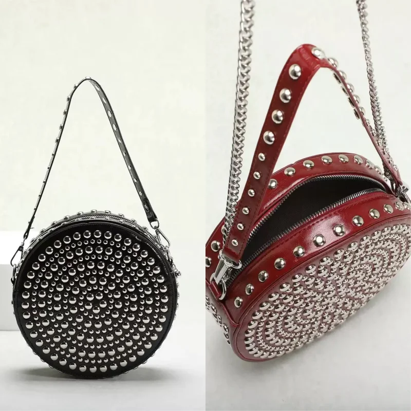 Full Rivet Round Bag Double-sided Tire Niche Brand Chain Unique Wine Red All-match Photo Cool Drum Ladies Crossbody Underarm Bag