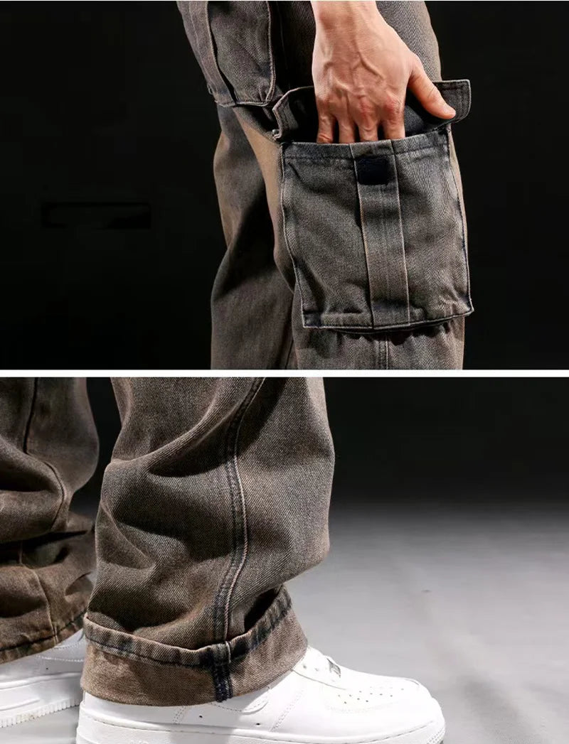 Fashion Trendy Men Multi Pocket Denim Pants American Vintage High Street Jeans Oversized Loose Fat Straight Trouser Cargo Pant