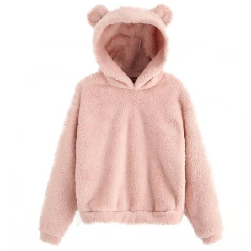 Autumn Winter Women's Hoodies Winter Women Long Sleeve Rabbit Ear Hood Sweatshirt Cute Plush Warm Casual Hoodie Tops