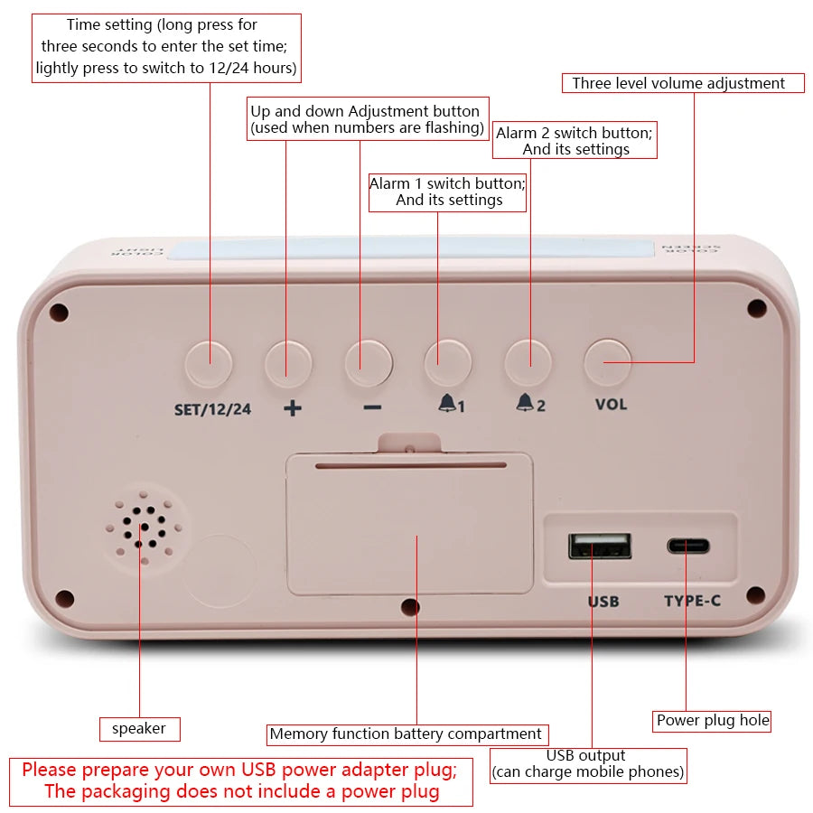1pcRGB luminous electronic alarm clock ABS material indoor festival atmosphere light decoration type-c plug-in use
