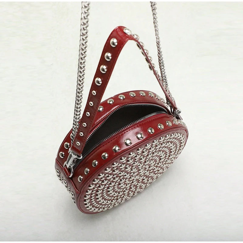 Full Rivet Round Bag Double-sided Tire Niche Brand Chain Unique Wine Red All-match Photo Cool Drum Ladies Crossbody Underarm Bag