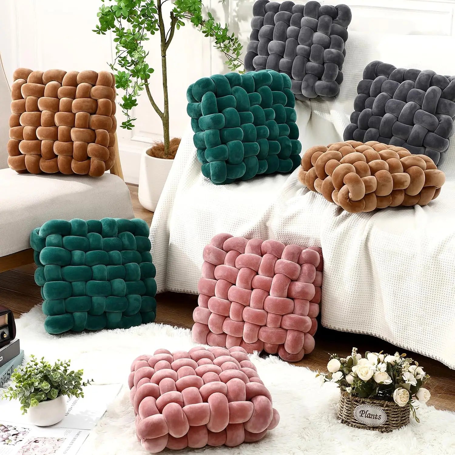 Green Square Knotted Plush Throws Soft Accent Pillows Decoration Cushion for Couch Home Office Living Room Bedroom Christmas