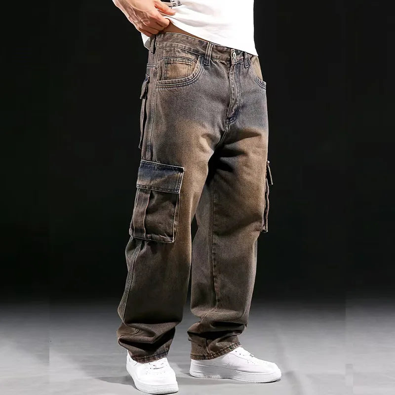 Fashion Trendy Men Multi Pocket Denim Pants American Vintage High Street Jeans Oversized Loose Fat Straight Trouser Cargo Pant