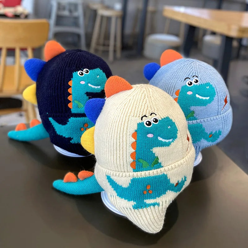 Cartoon Dinosaur Kids Earmuffs Hat Winter Warm Knitted Beanie Cap for Boy Girl Cute 3D Solid Color Toddler Ear Protection Caps