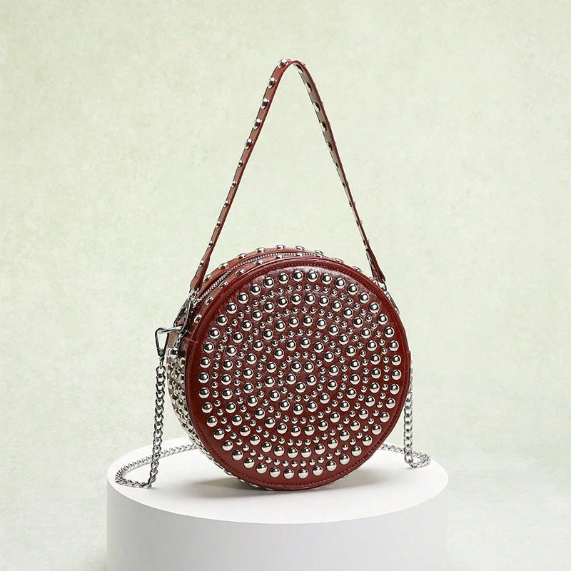 Full Rivet Round Bag Double-sided Tire Niche Brand Chain Unique Wine Red All-match Photo Cool Drum Ladies Crossbody Underarm Bag