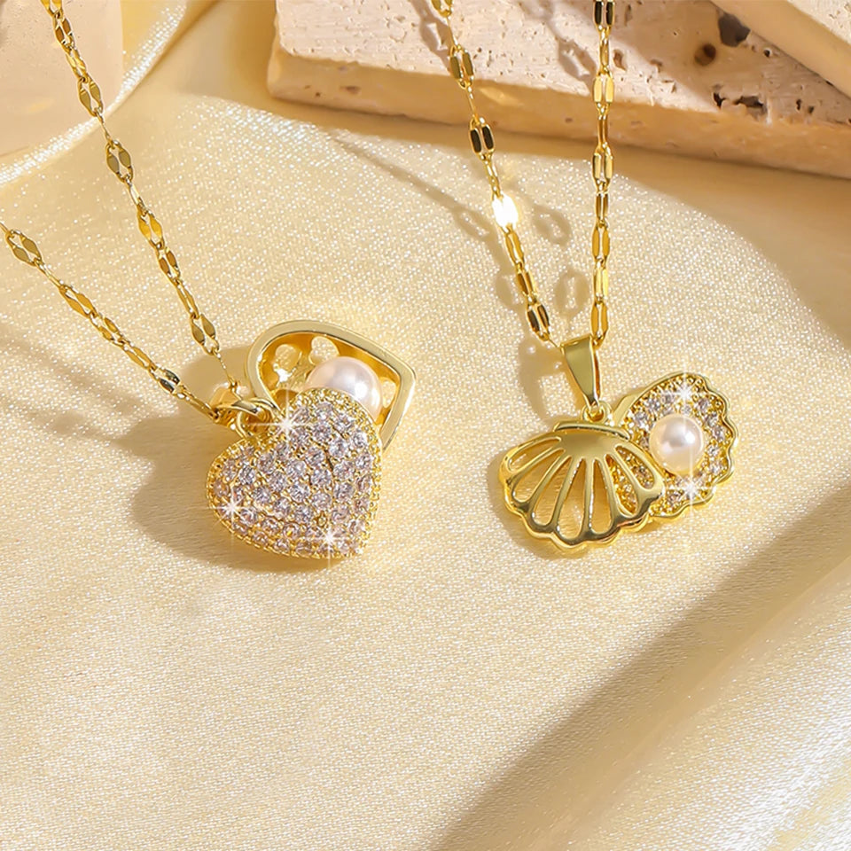 Heart & Shell Locket Gold Necklace