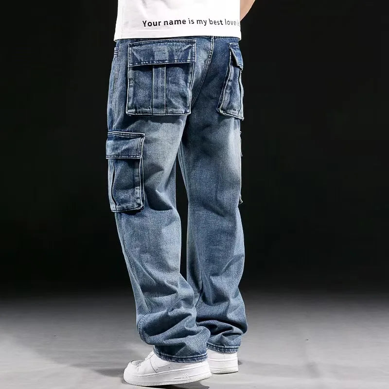 Fashion Trendy Men Multi Pocket Denim Pants American Vintage High Street Jeans Oversized Loose Fat Straight Trouser Cargo Pant